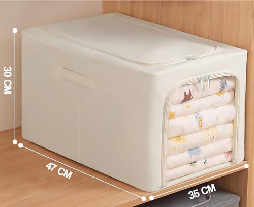 Image of Yellow Weaves Oxford Fabric 6 Pcs Clothes Organizer for Wardrobe,Foldable,Stackable,Space Saver Closet Basket,Cupboard Almirah Organizer,Storage Box for Clothes(Ivory,Large),47x35x30 Centimeters