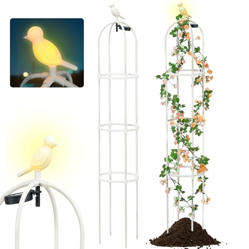 Round Bird Head Metal Garden Obelisk Trellis for Climbing Plants Outdoor with Auto Sensor Solar Light Rustproof Tomato Plant Support for Raised Beds Vines Cucumbers Tomato Cage