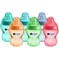 Tommy Type Biberones Tommee Tippee Biberones con Tetina con Forma de Pecho y Válvula Anticólico, 260 ml, Pack de 6, Fiesta Multicolor