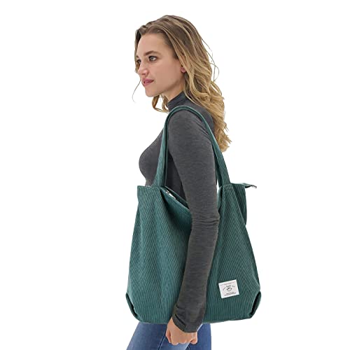Image of KALIDI Women Corduroy Tote Bag Zipper Casual Tote's Handbag Big Capacity Shoulder Bag with Pockets