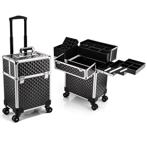 Faquenc Rolling Makeup Case Extra Large Makeup Train Case 4 Tray with Sliding Rail Removable Layer...