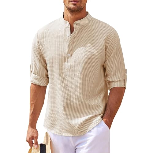 Men's Shirt Long Sleeve Banded Collar Button Up Shirts Beach Casual Vacation Henley Shirt Big and Tall Plain Top2