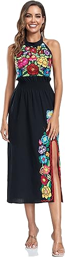 Image of Womens Mexican Floral Embroidered Halter Maxi Dress Side Slit Boho Dress