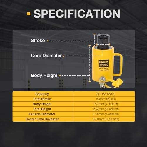 Image of 30T Hydraulic Cylinder Jack 2 inch Stroke Hollow Single Acting Hydraulic Ram Cylinder Hydraulic Lifting Jack Portable for Machinery, Bridge, RCH-3050