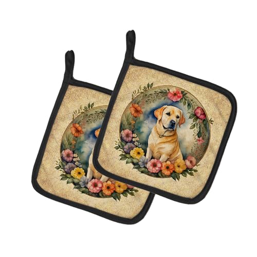 Caroline's Treasures Yellow Labrador Retriever and Flowers Pair of Pot Holders Kitchen Heat Resistant Pot Holders Sets Oven Hot Pads for Cooking Baking BBQ, 7 1/2 x 7 1/2