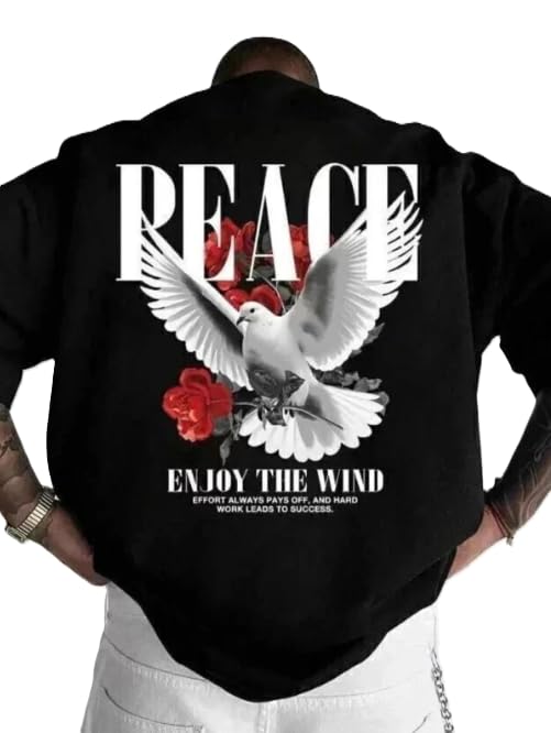 Men's Oversized Graphic Back Print T-Shirt | Streetwear Drop Shoulder Crew Neck Casual Tee | Peace Dove & Rose Design-image-21