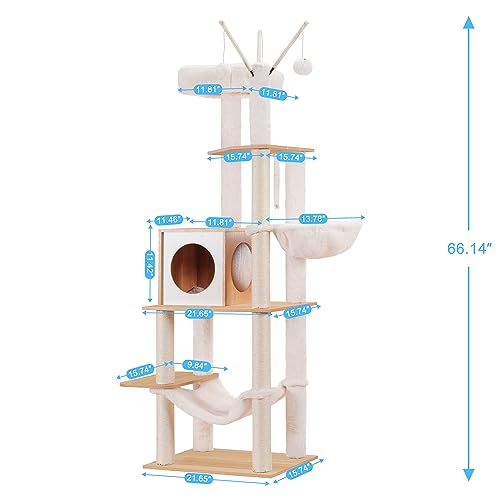 Image of Hey-brother Wooden Cat Tree, 66.1 inch Cat Furniture with Scratching Posts, Modern Cat Tower with hammocks, Toys, cat condo, Walnut MPJ120WB