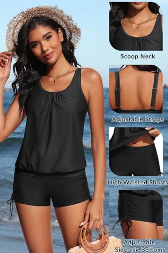 Image of Yonique Blouson Tankini Swimsuits for Women 2 Piece Bathing Suits Tops with Boyshorts Modest Loose Fit Swimwear