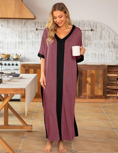 Image of Bloggerlove Women Nightgowns Cotton Caftan House Dress Short Sleeve Sleepwear Vacation Beach Moo Moos Dress with Pockets