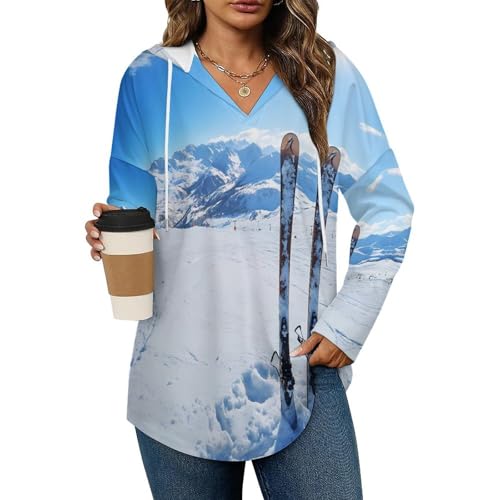 Winter Mountains Ski Equipment Hoodies for Women V Neck Pullover Sweatshirts Long Sleeve Shirts Fashion Tops