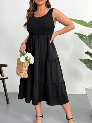 RWJ Plus Size Summer Sleeveless Tank Dress for Women 2025 Smocked Casual Loose Sundress Flowy Beach Tiered Long Midi Dresses3