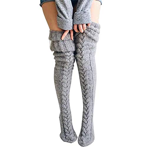 Women's Cable Knit Thigh High Boot Socks Extra Long Winter Stockings Leg Warmers (Gray)