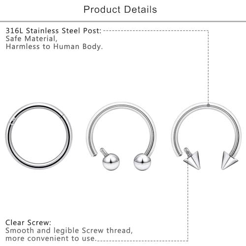 Lcolyoli 16g Septum Rings Internally Threaded Surgical Steel Septum Jewelry Lip Rings Hoop Labret Jewelry Snake Bite Piercing Jewelry Horseshoe Earrings Daith Piercing Jewelry for Women Men4
