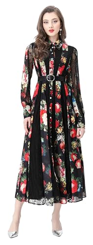 LAI MENG FIVE CATS Women's Floral Print Lace Dress Puff Sleeve Collar Neck Maxi Dresses