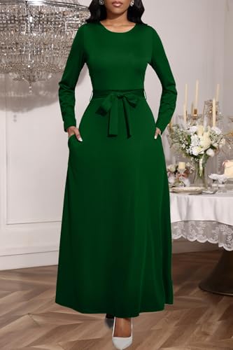 Image of BubFee Long Dress for Women Casual Long Sleeve Dresses Maxi Dress Empire Waist Loose with Belt