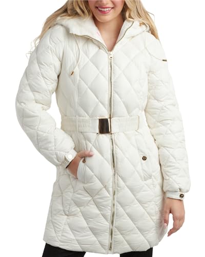 Jessica Simpson Women's Long Puffer Coat - Belted Faux Fur Lined Hooded Winter Coat - Quilted Puffer Jackets for Women (S-XL), Size Medium, Cream
