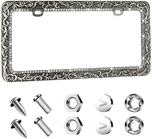 Valor Gel Metal Car License Plate Frames,Antique Old Pattern Printing, Bling Crystal Rhinestones Inlaid,Universal 2 Holes Automotive Replacement Parts Plate Holder(1 Pack)