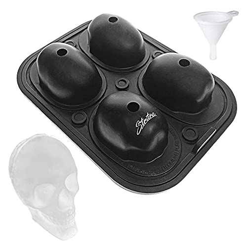 Stritra - Large 4D Skull ICE MOLD Silicone 4 Cavity Super Flexible Ice Cube Mold with Funnel, Great Product for Jello , Whiskey , Cocktails , Chocolate and Juice , Halloween and Christmas Gift 4x