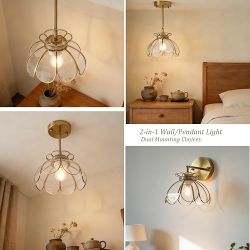 Image of Vintage Brass Ceiling Pendant Light with Stained Lotus Flower Clear Glass Shade, Oriental Hanging Lamp or Wall Sconces Dual-Purpose, for Kitchen Island Dining Room Bedroom Living Room-7.9 inch Shade