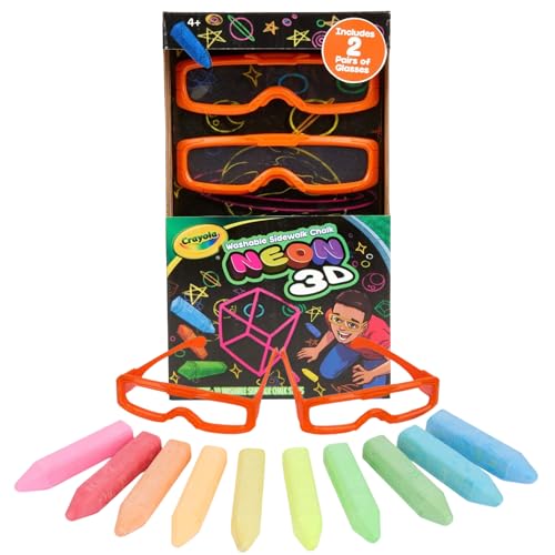 Crayola Neon 3D Washable Sidewalk Chalk Set, 10 Chalk Sticks with 2 Pairs of 3D Glasses, Ages 4+ - image 1