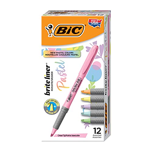 Image of BIC Brite Liner Grip Pastel Highlighter Set, Chisel Tip, Pack of Pastel Highlighters in Assorted Colors (colors may vary), Cute Highlighters for Bullet Journaling, Note Taking and More (Pack of 18)