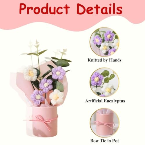 Image of Artificial Crochet Flower Bouquet Handmade Cotton Flowers Bunch for Home Decor, Gift for Girls, Wedding, Festival Decoration, Long Lasting Floral Arrangement (Flower Pot (Purple))