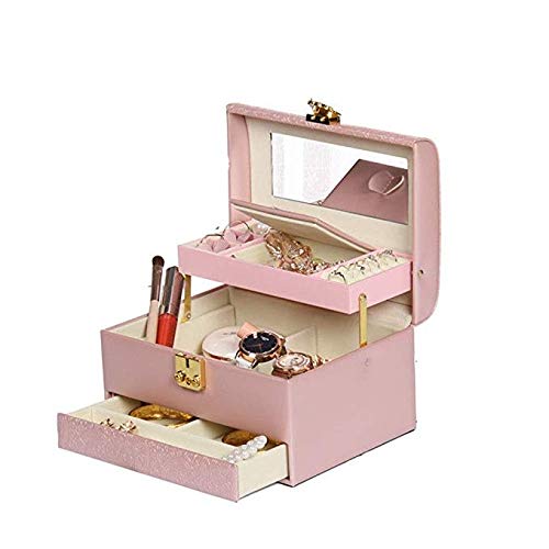 Coffret à bijoux rose 3 niveaux en cuir élégant avec verrou pour ranger vos bagues