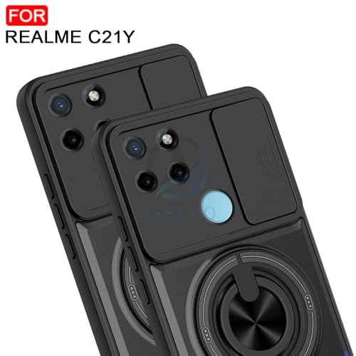 Image of AESTMO Realme C21Y Back Cover | Armor Camera Slider 360 Degree Rotating Finger Ring Holder Case with Bracket Stand Back Case Cover (Compatible with MagSafe Accessories) (Black)