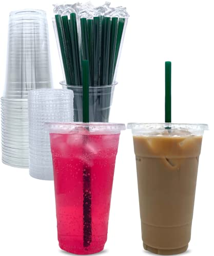 Aatriet 24 oz Clear Plastic Cups with Lids and STRAWS, Disposable Party Cups for To Go Iced Coffee Cold Drinks, Smoothie, Juice, Parfait, Frappuccino, Milkshake. No Leaking Fruit Cup, 25 Sets