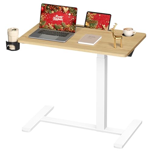 VASAGLE Escritorio con Ruedas, Mesa Auxiliar, Tablero de 80 x 45 cm, Altura Ajustable, 2 Portavasos, Ranura para Teléfono Móvil o Tableta, Roble Dorado LSD601YA01