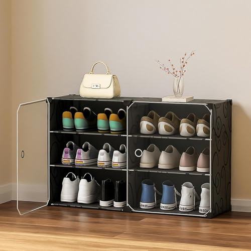 Image of Premium Modular Plastic Shoe Rack for Home | 𝟔 𝐒𝐇𝐄𝐋𝐅 Shoe Rack with 3 Doors, Hook Holder for Home Storage Organizer with Metal Door Frame to Cover Chappal Slipper Sandals Shoes - Black