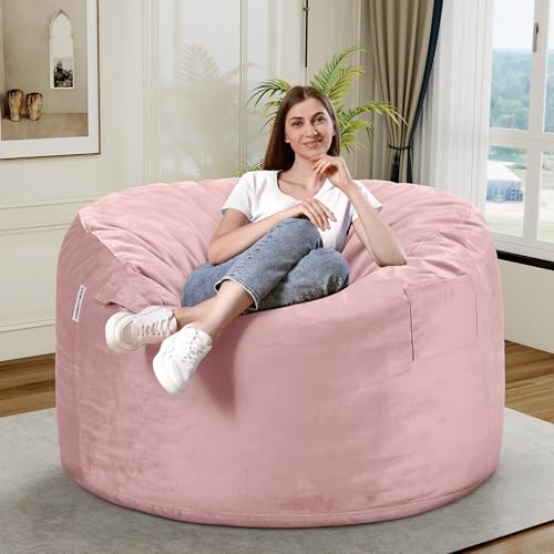 HABUTWAY Bean Bag Chair 3Ft Luxurious Velvet Ultra Soft Fur with High Rebound Memory Foam Bean Bag Chairs for Adults Plush Lazy Sofa with Fluffy Sponge 3' (Pink)