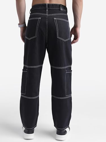 Image of Highlander Men Mens Loose Fit Denim Jeans for Man |Loose Carperter fit Black Cargo Jeans Regular Length|Black Cargo Jeans for Man |Mid-Rise|Stretchable Fabric for Comfort fit
