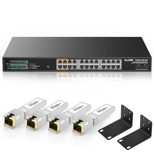 Image of 24 Port 2.5Gb PoE+ Managed Ethernet Network Switch 24 PoE+ Port @500W, PoE++ Port 1-4 Up to 90W Each | 2 x 10G SFP+ | IEEE 802.3bt / at / af | 19In Rack Mount | 4-Pack 10Gb SFP+ to RJ45 Module 98Ft(30m)