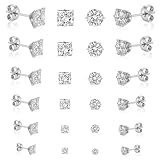 12 Pairs Silver Stud Earrings for Women Men, Hypoallergenic Earrings, Silver Surgical Steel Cubic Zirconia Ear Studs Set, Round & Square Earrings for Men Women, Size 3/4/5/6/7/8mm