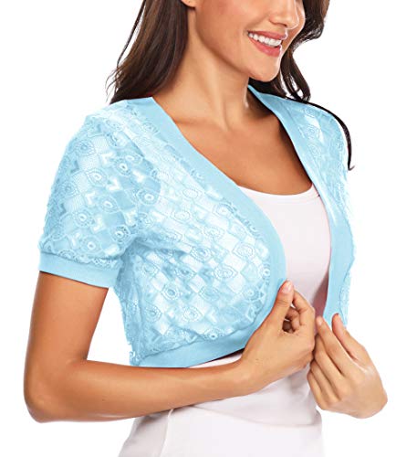 Aranmei Womens Short Sleeve Floral lace Shrug Open Bolero Cardigan(Light Blue, Small)
