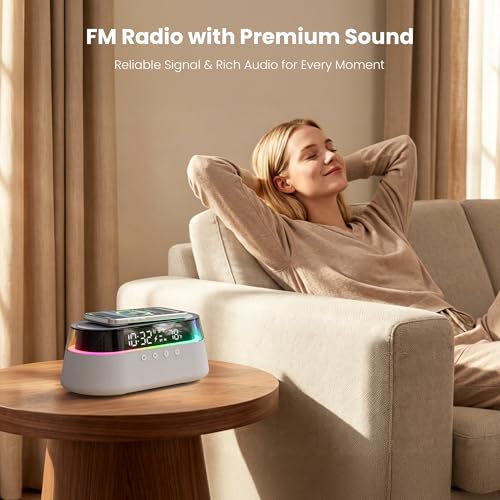 Image of 6-in-1 Bluetooth Speaker Alarm Clock with Remote, 15W Fast Wireless Charger, FM Radio & Dimmable LED Night Light, Dual Digital Clock for Bedroom Home Office, Ideal Gifts for Him, Men Women