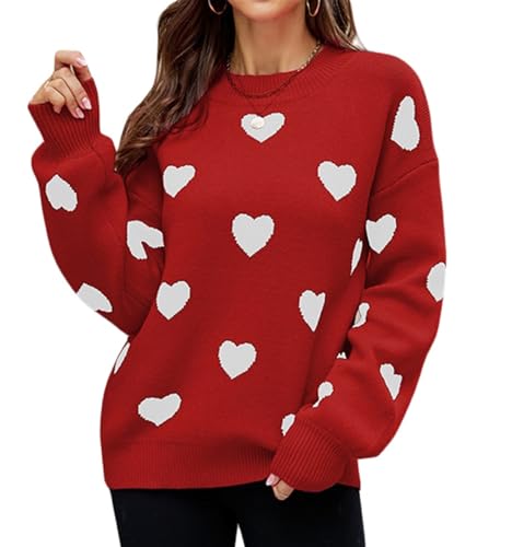Image of Women's Cute Heart Sweater Love Print Valentine Romantic Knitted Top Casual Crewneck Long Sleeve Sweaters Pullover