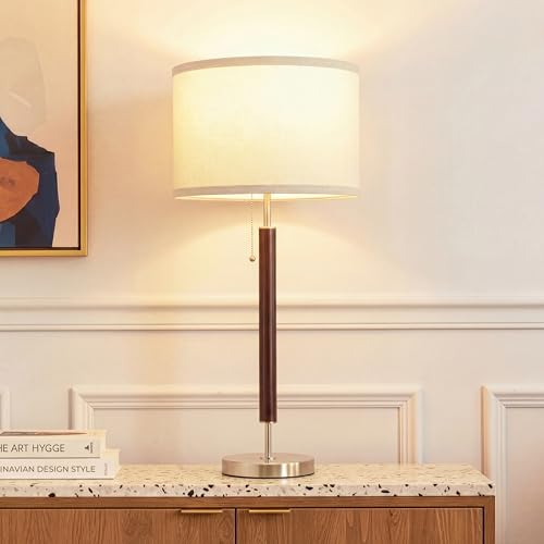 Brightech Carter LED Bedside Lamp - Compact Table & Desk Reading Lamp for Bedroom, Living Room, Office - Modern Nightstand & Side Lamp with Soft Ambient Light - Stainless Steel & Wood Finish