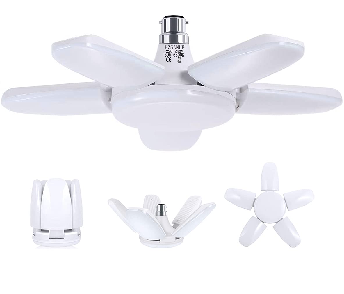 Hzsanue 80W B22d Daylight White B22 Bayonet Led Garage Light 80W, 6500K Daylight White 9000Lm Deformable Workshop Lamp With 5 Adjustable Panels, Led Ceiling Lighting, For Garages, Basement, Warehouse, Attic, Gym (Pack Of 1)
