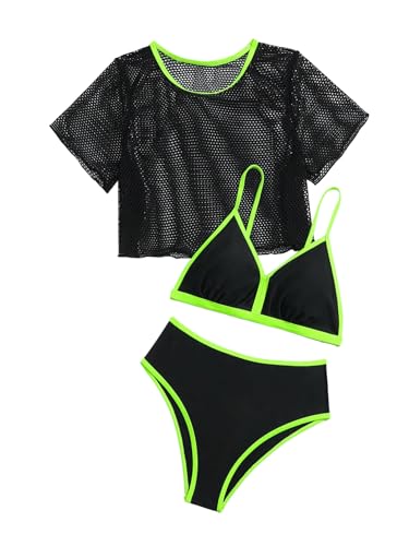 WDIRARA Girl's 3 Pieces Color Block Contrast Trim Bikini Set Swimsuit with Mesh Cover Up Top