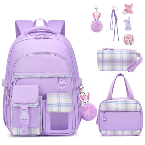 KEBEIXUAN Mochila Escolar Niñas - Set de 3 Piezas para Niñas de Primaria 6 a 12 Años | Mochila Colegio Kawaii con Colgante, Morado