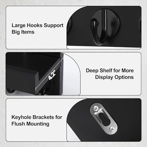 Wall Mounted Key Holder - 9.8" x 6.7" x 4.2" Decorative Wall Shelf with Hooks Holds Key Rings, Dog Leash, Wallet, Purse - Real Paulownia Wood Entryway Shelf for Rustic Farmhouse Decor (Black) - Image 4