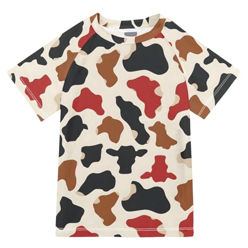 ALAZA Kids Rash Guard Toddler Swim Shirt Boy Girls Brown Black Red Cow Spots UPF 50+ Short Sleeve 4T