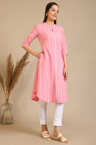 Image of Aurelia Women's Pink Stripe Pure Cotton A-line Kurta