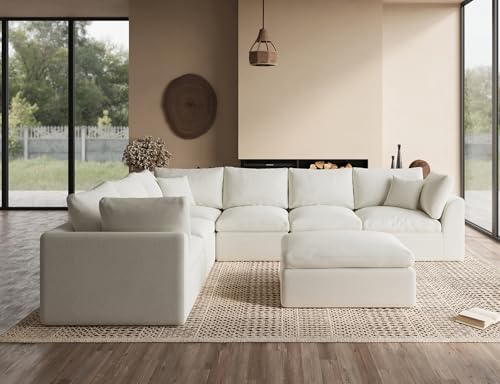 Oversized Cloud Couches for Living Room, Convertible Sectional Couch with Ottoman, 7 Seater Large Modular Sectional Sofa, Warm White - Thumbnail 2