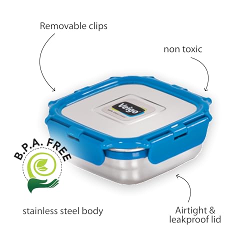Image of Veigo Stainless Steel Snack Box 300 ml, Airtight Leakproof Kids Tiffin for School & Office, Freezer Dishwasher Safe, Silicone Ring Polymer Frame, Safe Lid Lock, Compact Lunch Box - Dark Blue, Medium