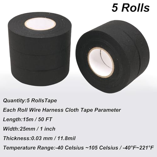 Image of 1 Inch x 50 FT Self-Adhesive Fabric Wire Harness Tape - 5 Rolls Wide Automotive Electrical Cable Loom Wrap, High Temp Heat Resistant, Engine Wiring Protection Starter Kit