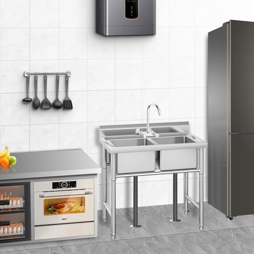 Image of Garvee Stainless Steel Utility 2 Sink with Backsplash, Free Standing Commercial Sink for Outdoor Kitchen, Laundry Room, Garage, Restaurant & Workshop, Easy to Clean, Anti-Splash & Rust Resistant