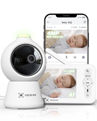 COCOCAM 2K 4MP AI Baby Monitor Video e Audio con 5' LCD, 2,4G/5GHZ WiFi, Rilevamento Volto Coperto, Album Temporale Intelligente, Tracciamento Automatico, Rilevamento Grido, Crittografia AES